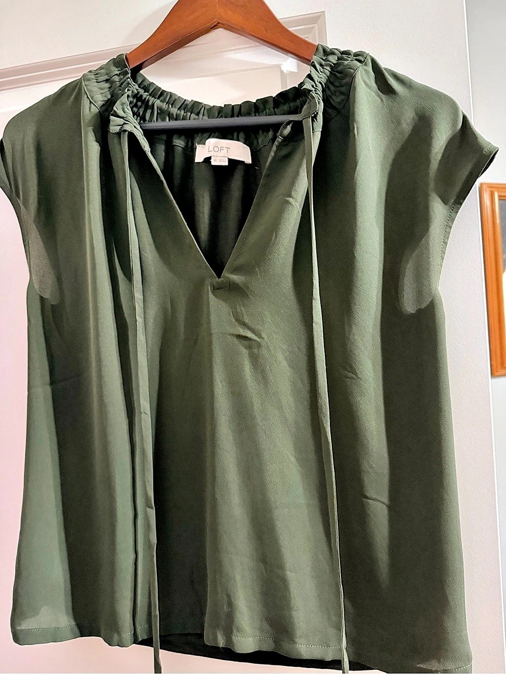 LOFT Olive Green Tie-Neck Tunic Size XS Like New